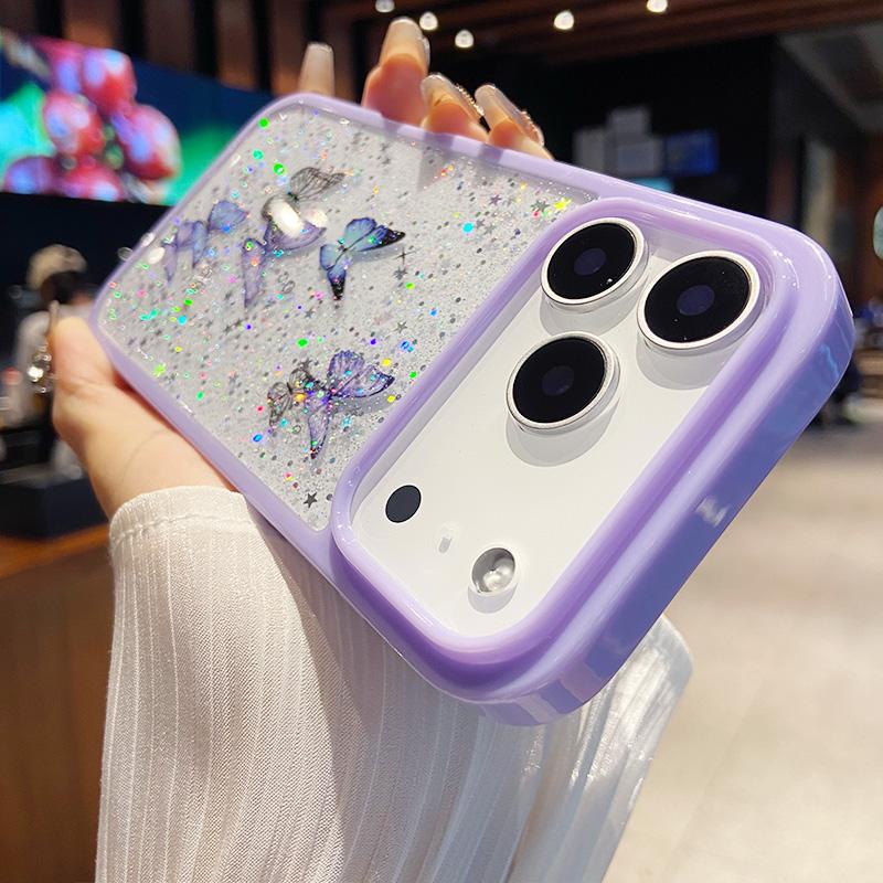 Bling Glitter Butterfly Phone Case for IPhone 17air 16 12 13 14 15 Pro Max Transparent Candy Color Epoxy Silicone Back Cover