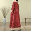 2025 Literary Retro Travel Plus Slim Cotton V-Neck Dress