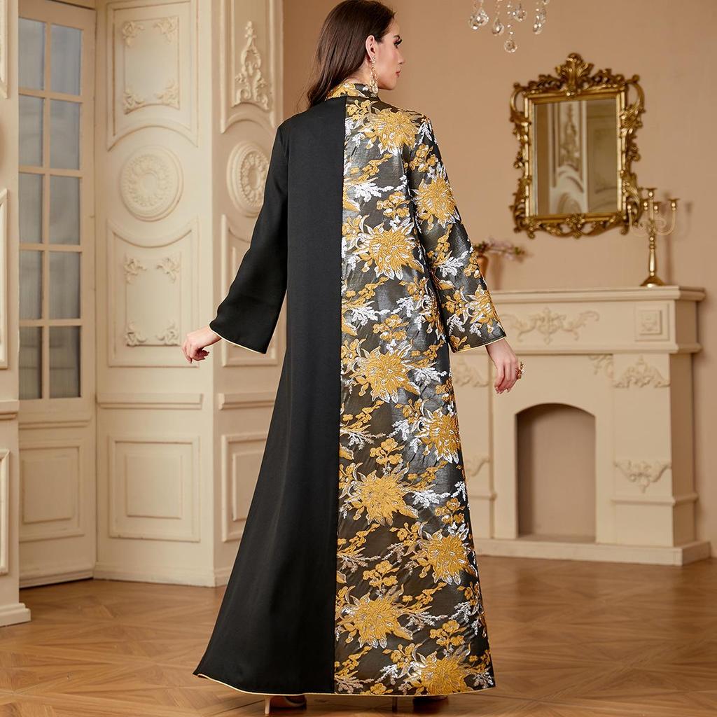 Middle East Muslim Women's Color Block V-Neck Jacquard Dress