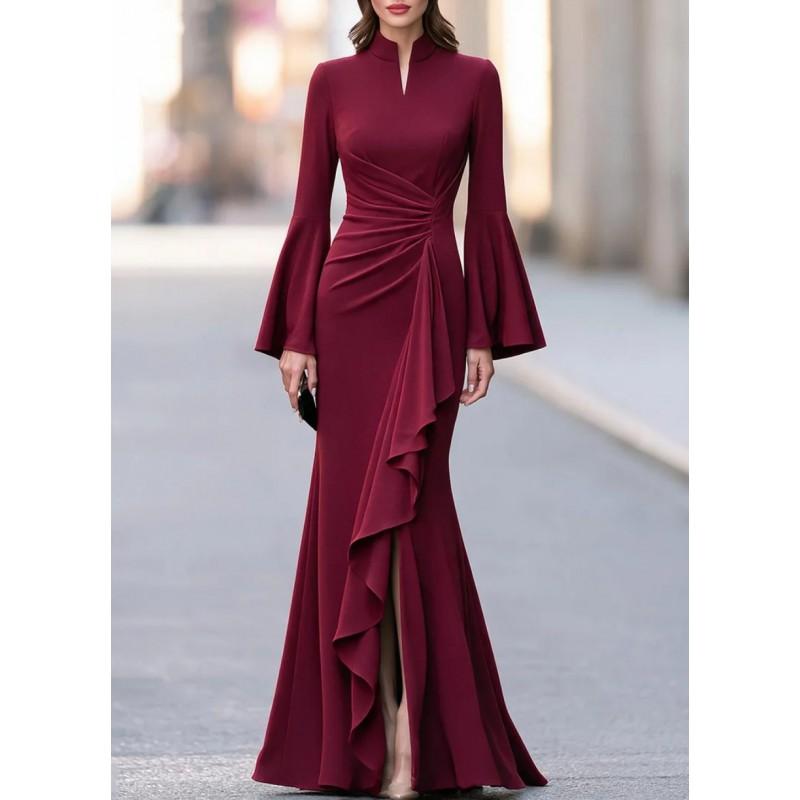 Elegant Womens Fitted Mermaid Evening Gown With Ruched Waist Flounce Hem Side Slit Long Dress