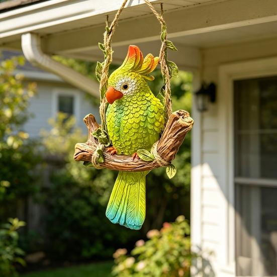 Resin Parrot Swing Figurine Outdoor Hanging Animal Sculpture Tropical Bird Swing Statue for Patio