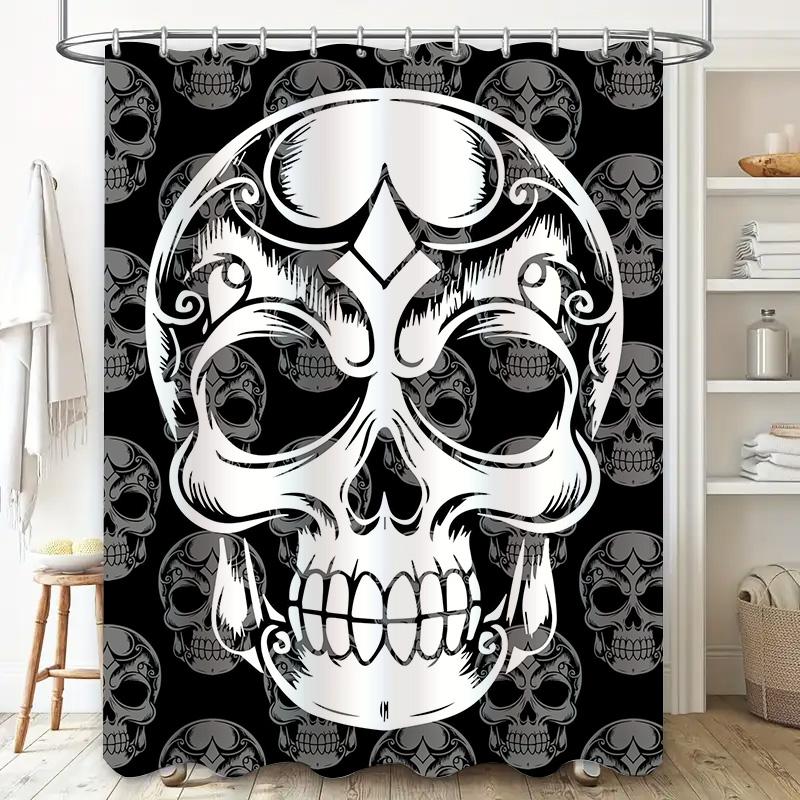 Tuniu Totenkopfmuster Duschvorhang Schwarz Grau Gotisch Horror Zimmerdekor Badezimmervorhang