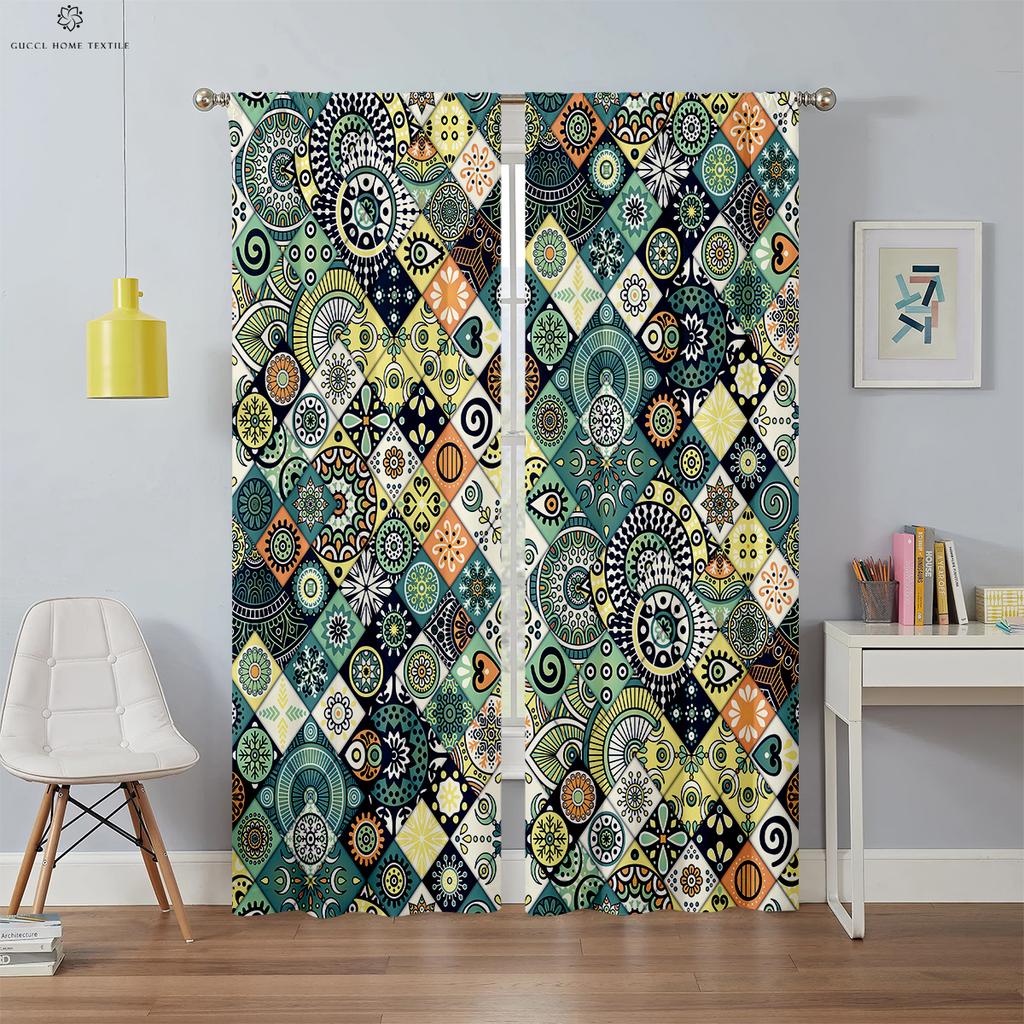 Bohemian Retro Printed Curtains, Blackout, Heat Insulation, Bedroom, Living Room, Kitchen, Decorative, 2 Pieces