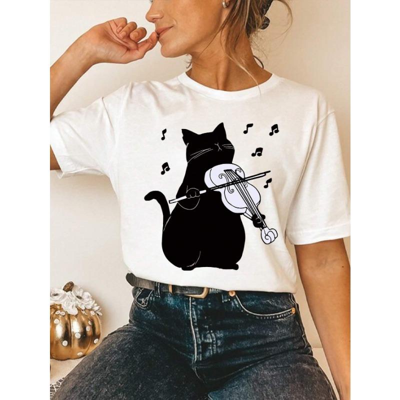 Maycaur Cute Paw Women's T-shirt Fashion Cat Playing Violin Printed Women's Top Harajuku Punk O-neck Short Sleeved T-shirt