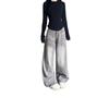 Women's High Waist Grey Distressed Retro Jeans – Loose Wide Leg, Floor-Length Design