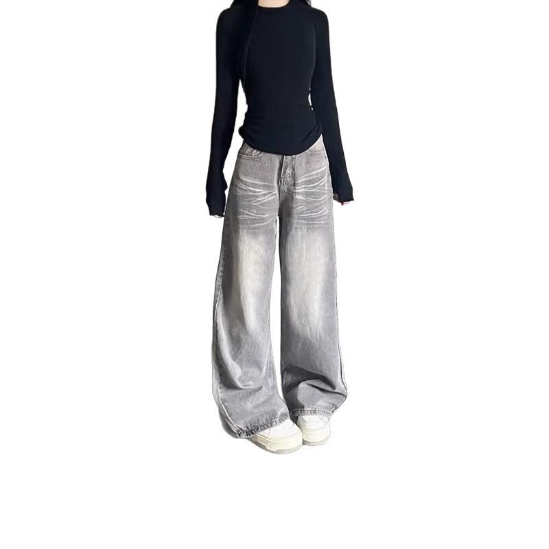 Women's High Waist Grey Distressed Retro Jeans – Loose Wide Leg, Floor-Length Design