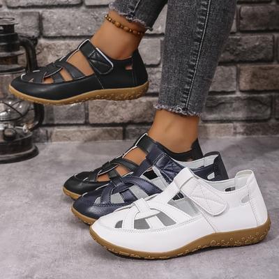 Women's Wide Width Cross-Woven Sandals, Velcro Strap Roman Flats, Sporty Mules for Women