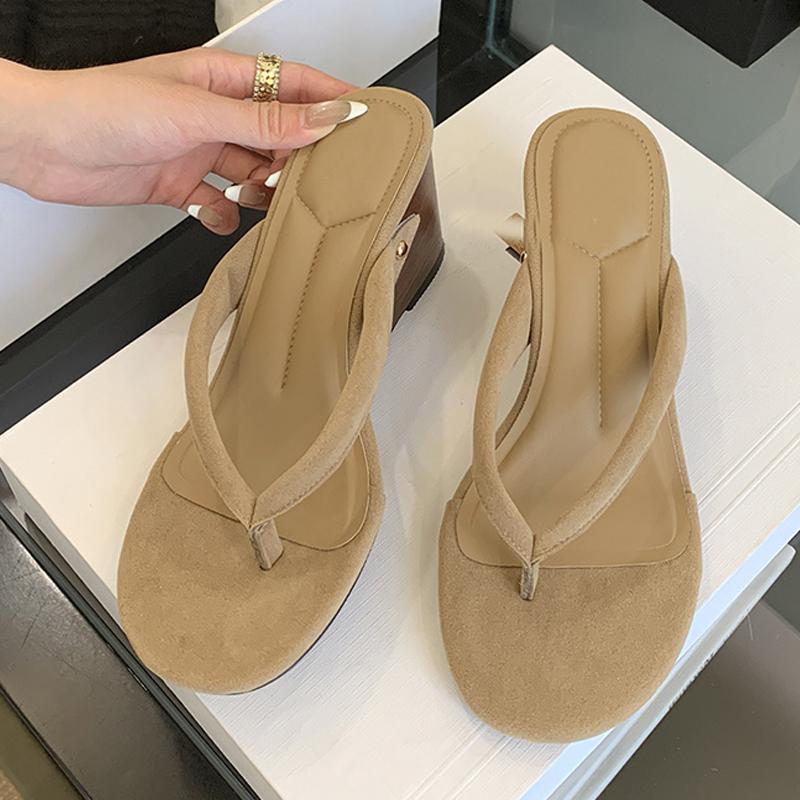 Fashion Round Clip Toe Wedges Flip Flops Women Slippers Cozy Wood High Heels Gladiator Sandals Female Beach Slides Shoes