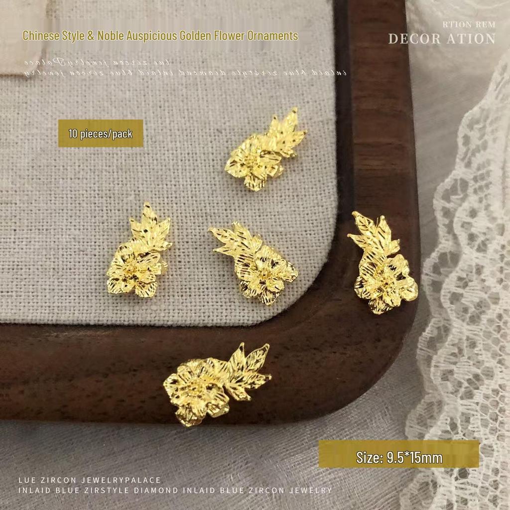 Ruyi Rich Golden Flower Nail Art Decorations: Chinese Style Jade Leaves & Golden Branches with Rhinestones