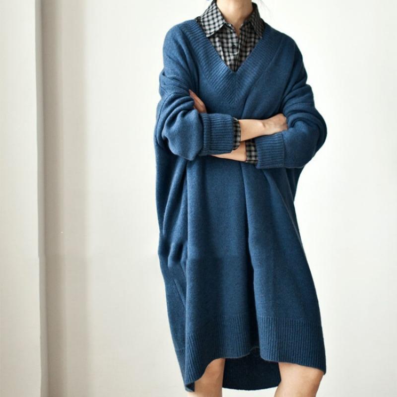 Autumn and winter new collar knitted sweater medium and long loose sweater women's pullover thick plus top