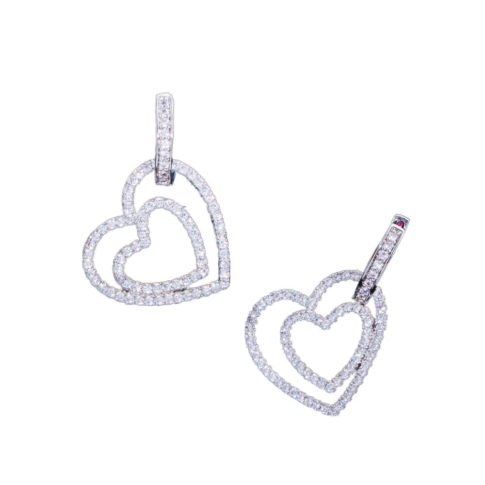 Fashionable Women's Micro Paved Cubic Zircon Brass Huggie Hoop Earrings New Trend Double Heart Drop for Parties and Gifts