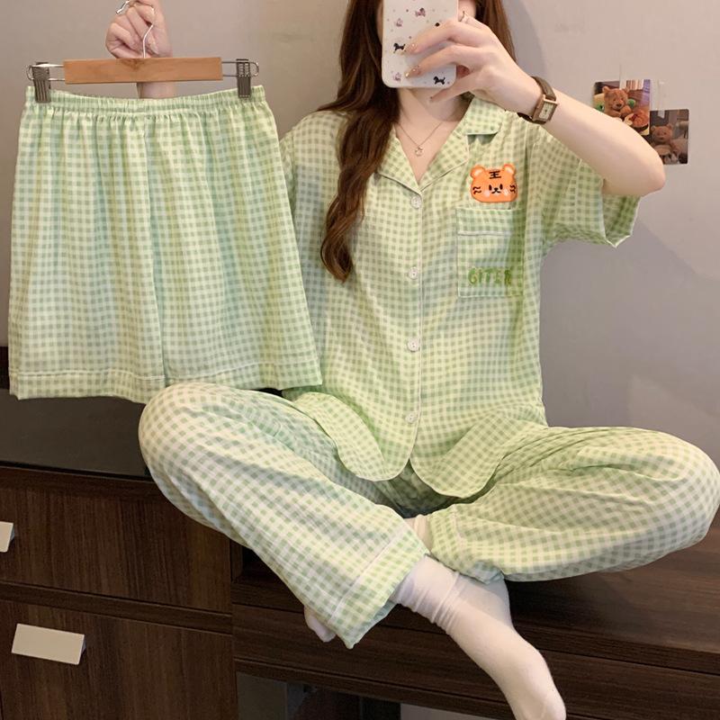 

Cartoon Plaid Thin Summer Pajamas Women S Cloud Cotton Short-Sleeved Three-Piece Set Student Loungewear M