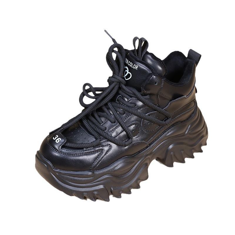 

Высокие плюшевые туфли для папы, женская зимняя повседневная спортивная обувь из кожи на толстой подошве из бисквита 39 чёрный