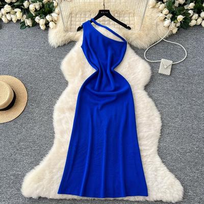 Elegant Sexy High Waist Ruffle Hollow Out Slash Neck Sleeveless Knit Dress Vacation Dresses Slim Women Party Ceremonial Dress