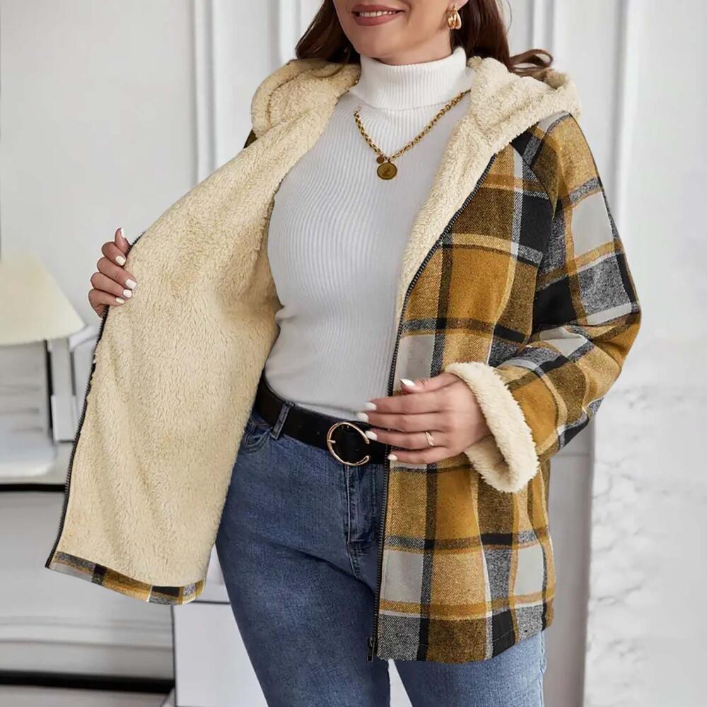 Women's Winter Plaid Hooded Jacket with Warm Plush Lining, Full-Zip Closure and Long Sleeves for Casual Daily Wear