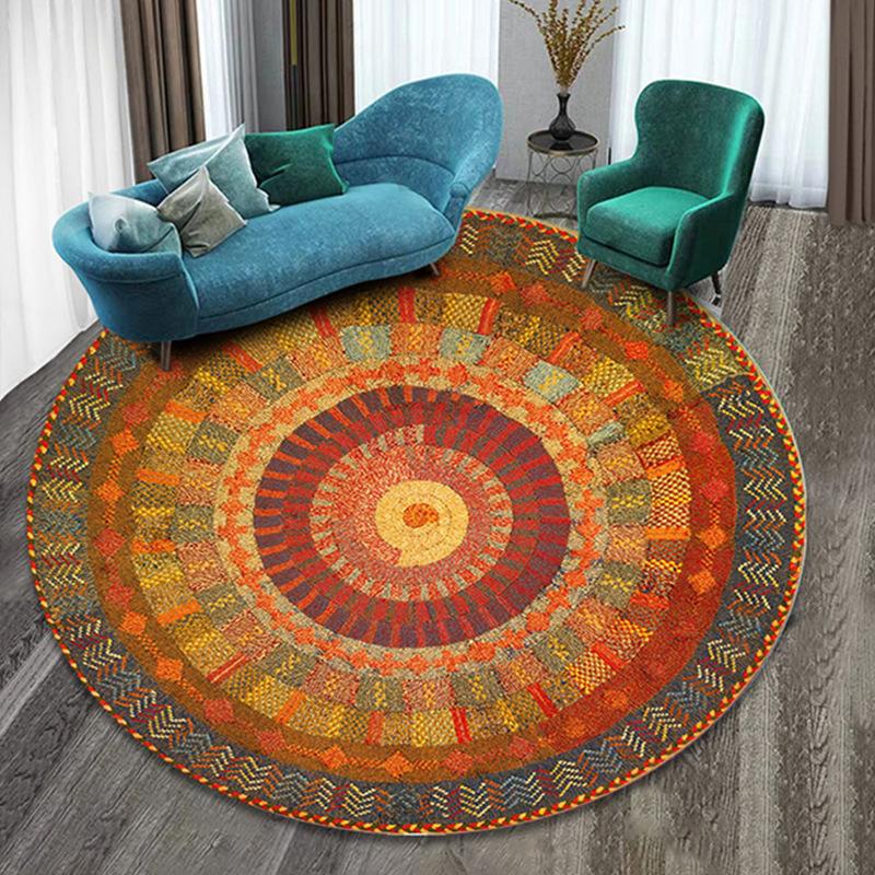 Blauw Gouden Boho Mandala Bloemig Rond Tapijt, Antislip Slijtvast Cirkel Vloermat voor Luxe Woonkamer Bank Decoratie 120x120cm