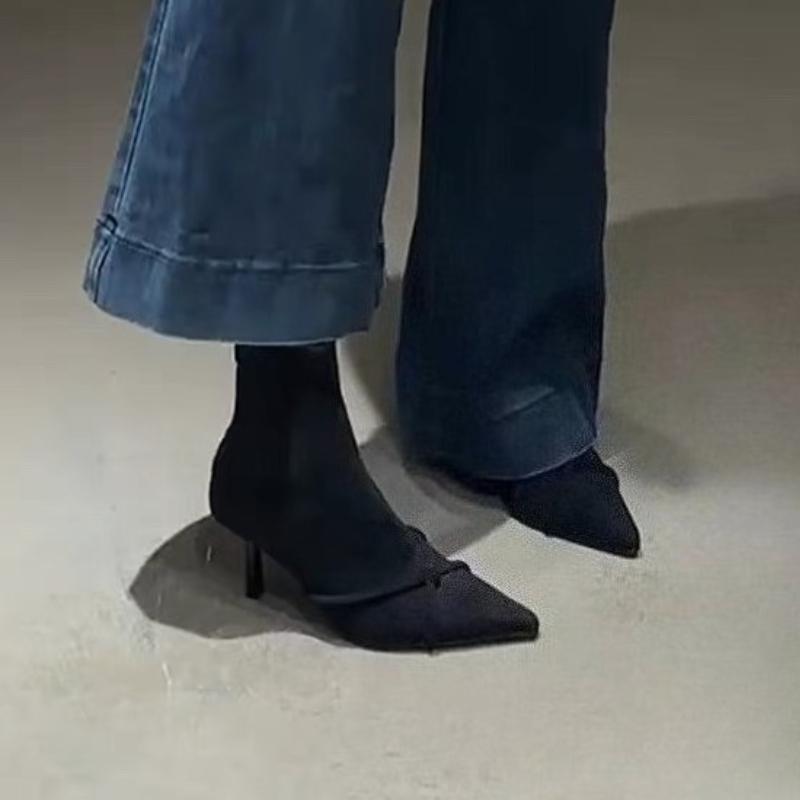 Móda 2025 Nové Vintage Dámské Kotníkové Boty Módní Špičatá Špička Tenké Vysoké Podpatky Boty Párty Ples Elastické Štíhlé Botas Para Mujer