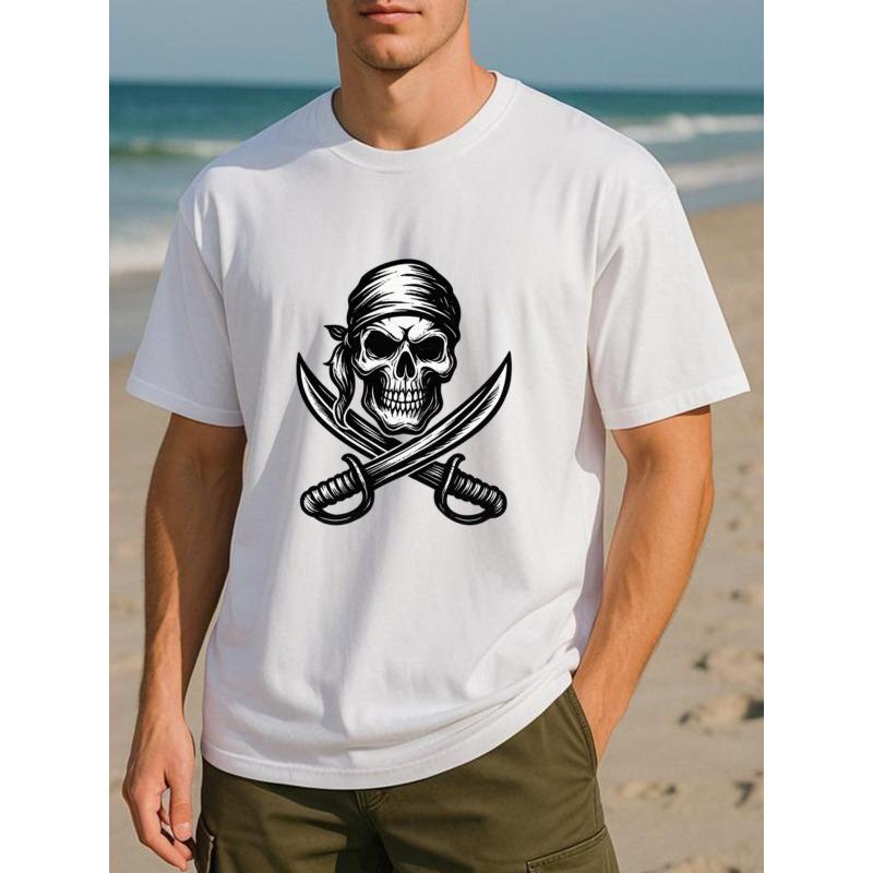 European Sizes Adventure Pirate Skeleton Double Blade Men's Printed Short-sleeved Shirt, Spring, Summer, Autumn and Winter Trendy Top