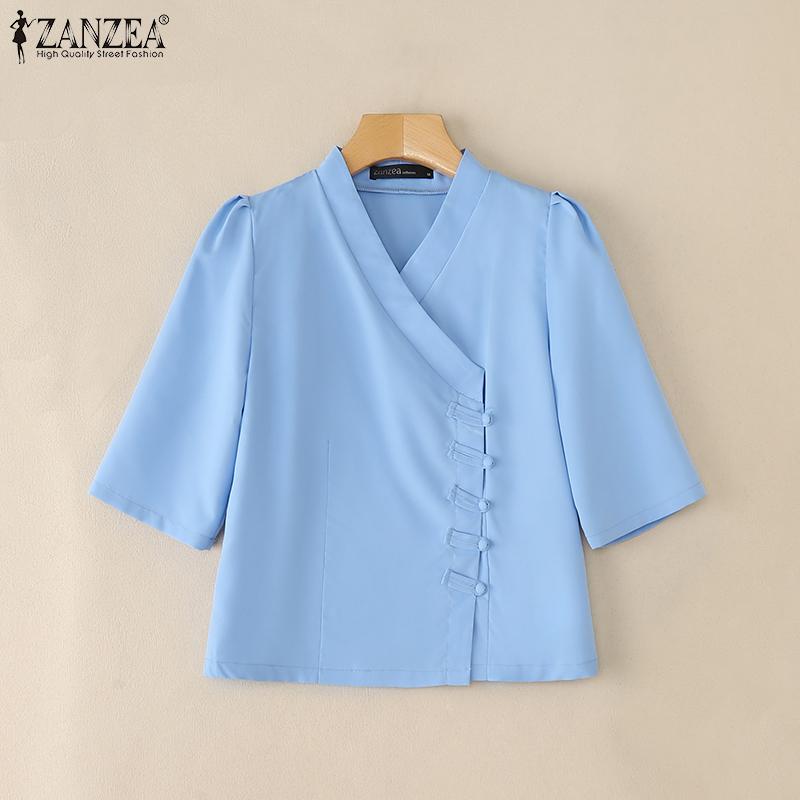 ZANZEA Women Summer V-Neck Solid Color Half Sleeve Blouse