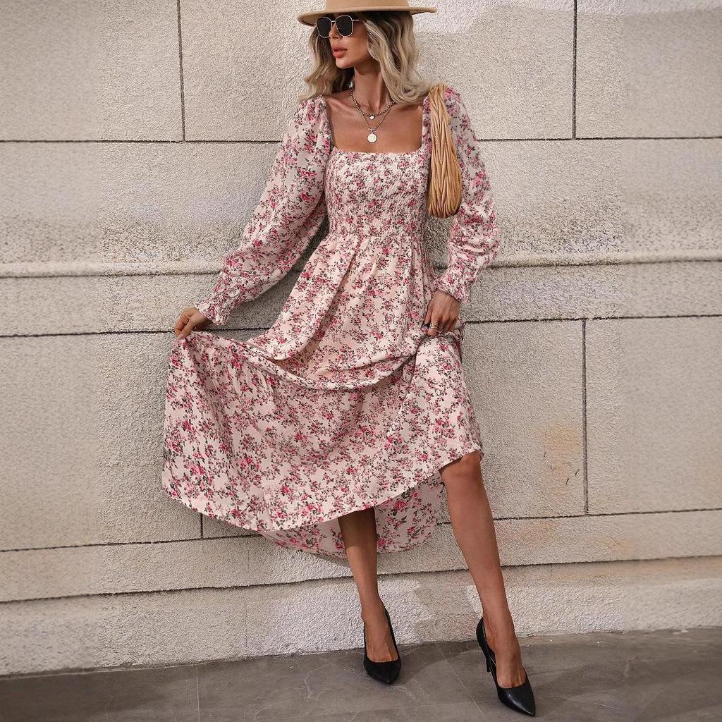 Abito Maxi a Maniche Lunghe con Scollo Quadrato e Stampa Floreale, Elegante Abito Estivo A-Line da Donna con Orlo a Volant