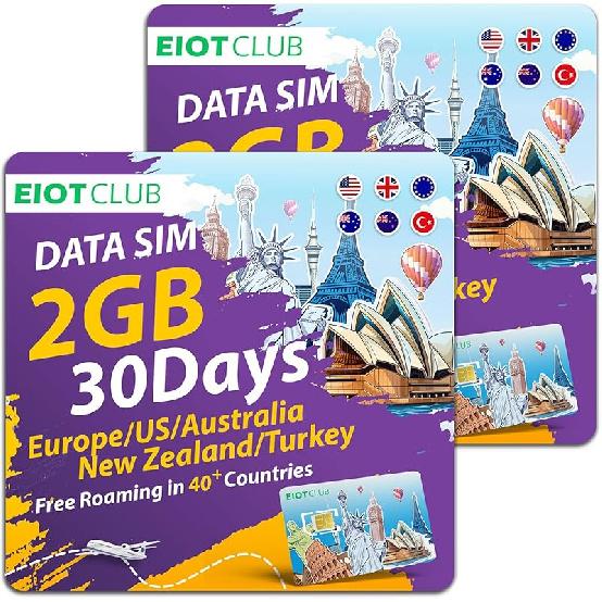 EIOTCLUB 2 шт. Международная SIM-карта для передачи данных, SIM-карта для путешествий для 200+ стран, Предоплаченная SIM-карта с 1 ГБ/30 дней, Сотовая связь 5G LTE для телефона, планшета, роутера 2GB/30Day (EUR/AU/NZ/TR/U