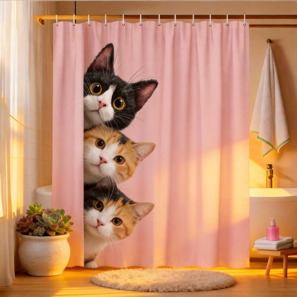 Cute Cat Peekaboo Shower Curtain Machine Washable All Season Waterproof Privacy Protection Animal Design Fun Easy Toclean12Hooks