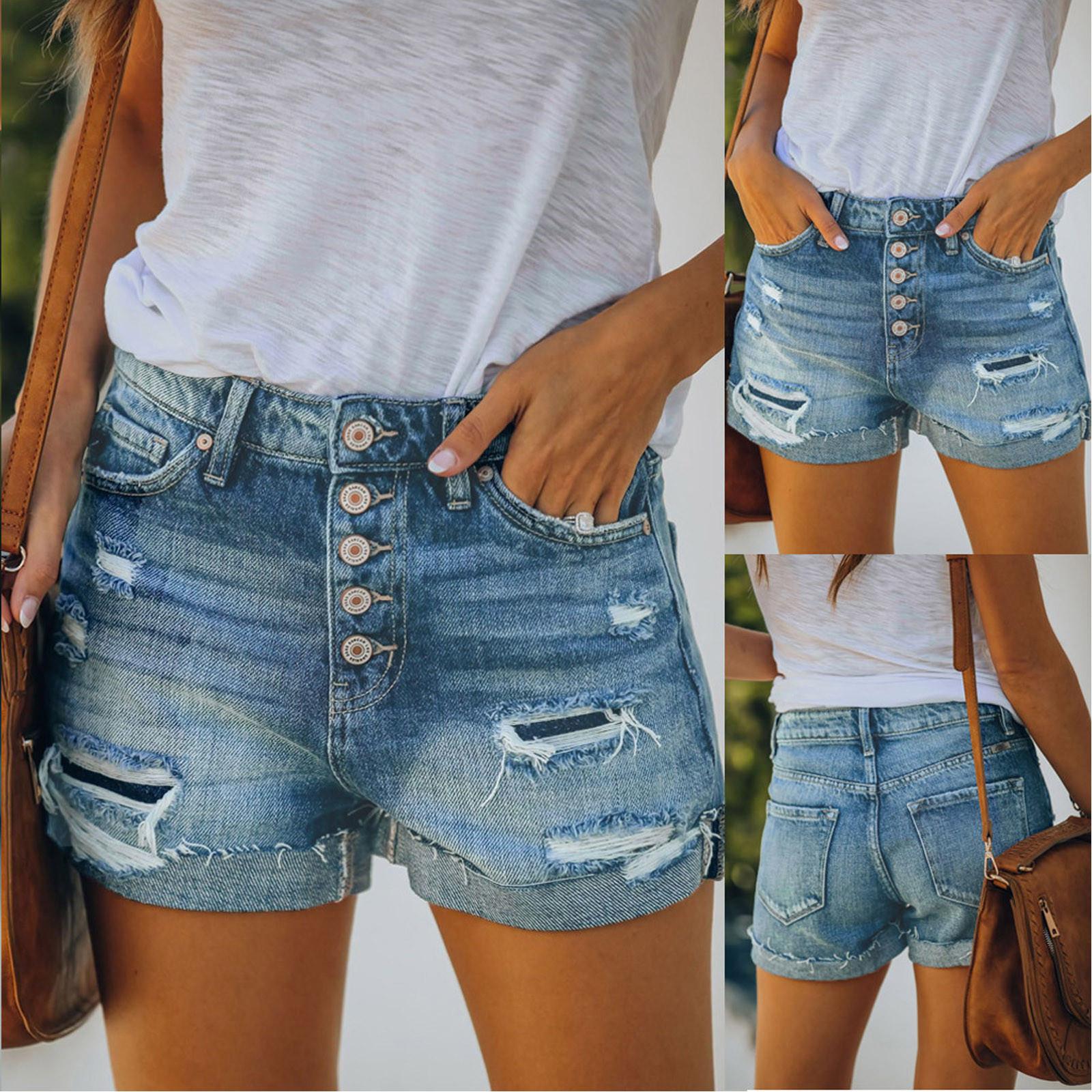 

(Qunide) Women High Waisted Skinny Hole Denim Button Stretch Pants Short Jeans