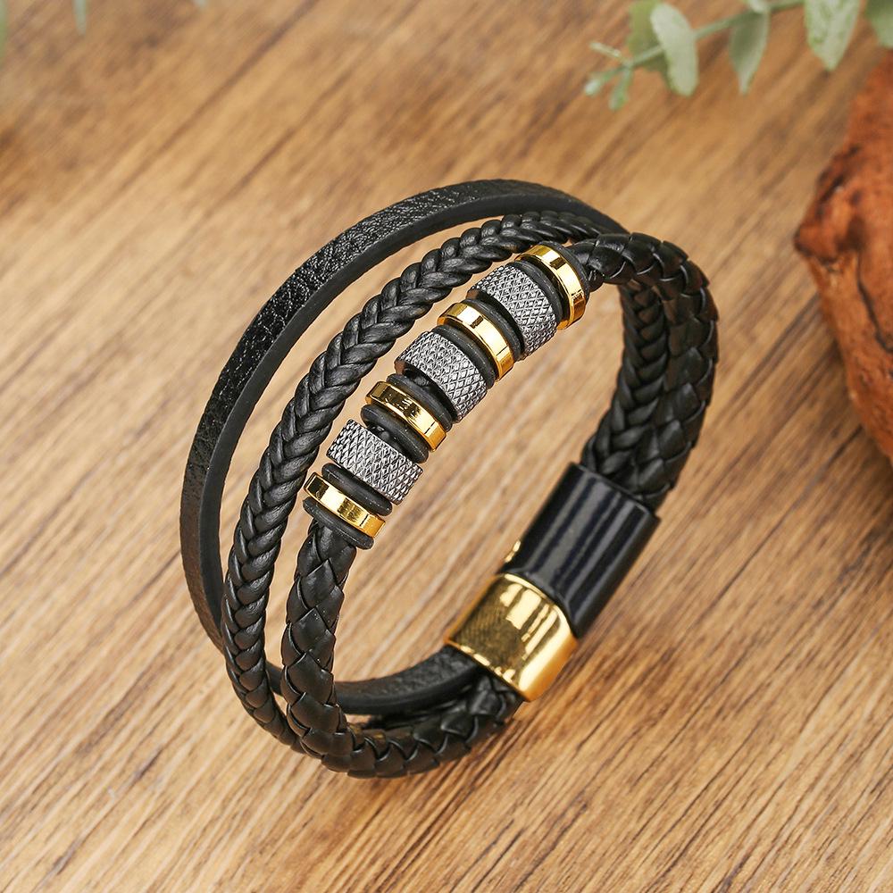 Men's Retro Style Magnetic Buckle Leather Bracelet with Zinc Alloy and Volcanic Stone