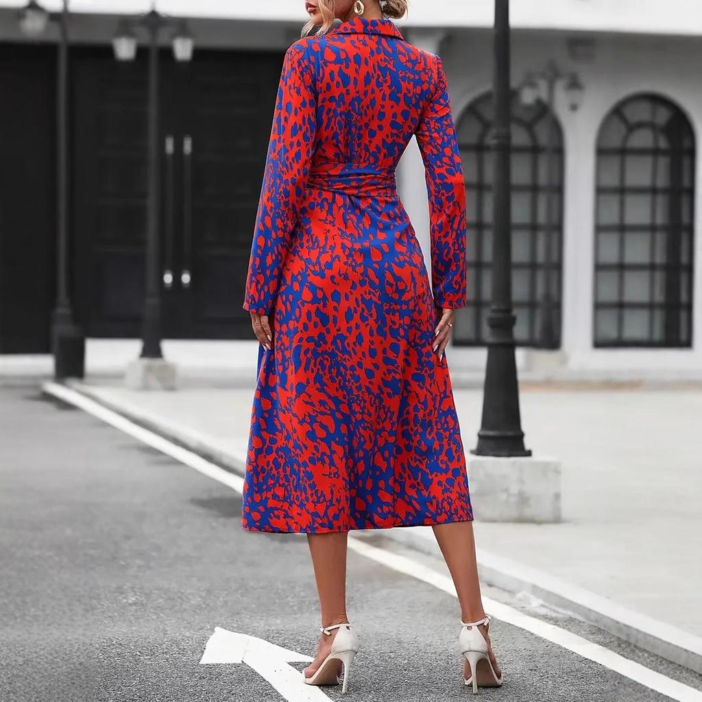 Women's Collar Long Sleeve Abstract Print Midi Dress High Waist Belted Shirt Dress