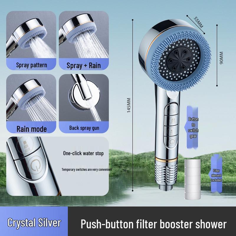 Four-Function Pressurized Lotus Shower Head with Bathing Brush