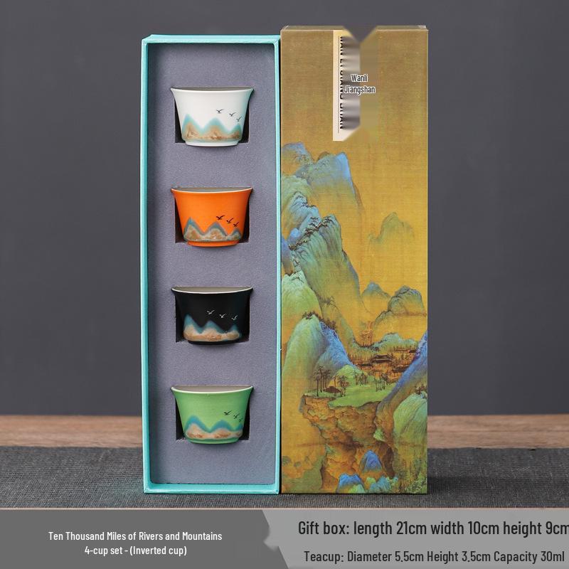 Guochao Hand-Painted Ten Thousand Li Rivers & Mountains Tea Set - Creative Gift Box with Tea Cups