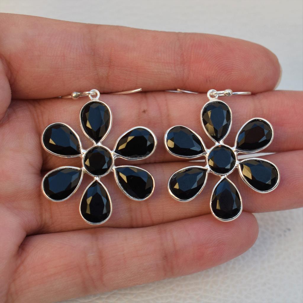Faceted Black Onyx Earrings, Flower Design Earring, 925 Sterling Silver Handmade Earring, Gift for Her, December Birthstone