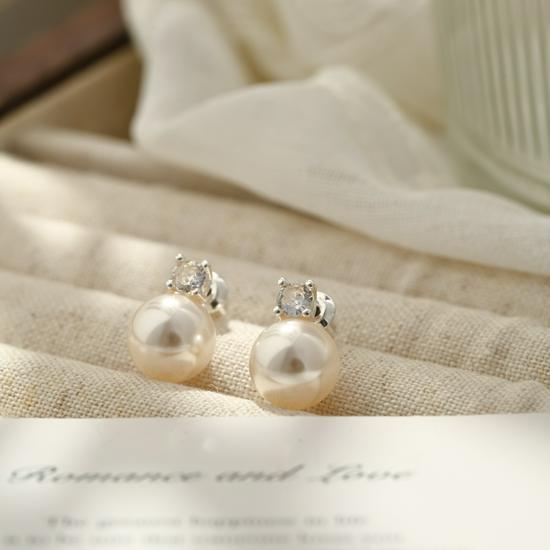 Elegant Princess Style Cubic Zirconia and Imitation Pearl 925 Silver Stud Earrings