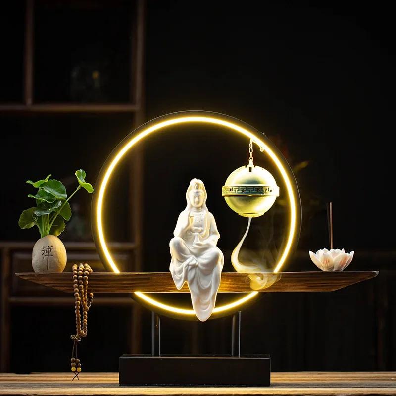 New Chinese Goddess of Mercy Buddha Reverse-flow Incense Burner Zen Decoration Home Decorative Crafts