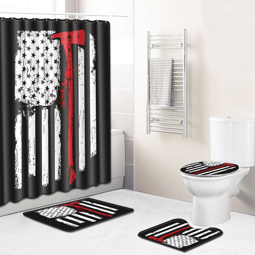 Ethnic Style Texture Printing Bathroom Non-Slip Floor Mat Shower Curtain Combination Carpet European And American Style