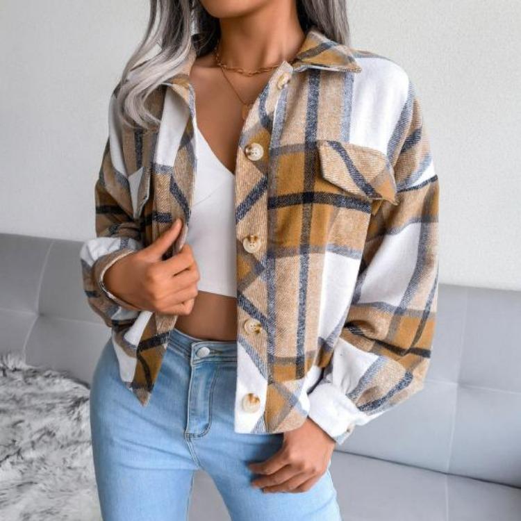 Women Loose Jacket Contrast Color Plaid Print Turn Down Collar Single Breasted Fake Pocket Long Sleeves Fall Spring Commuting
