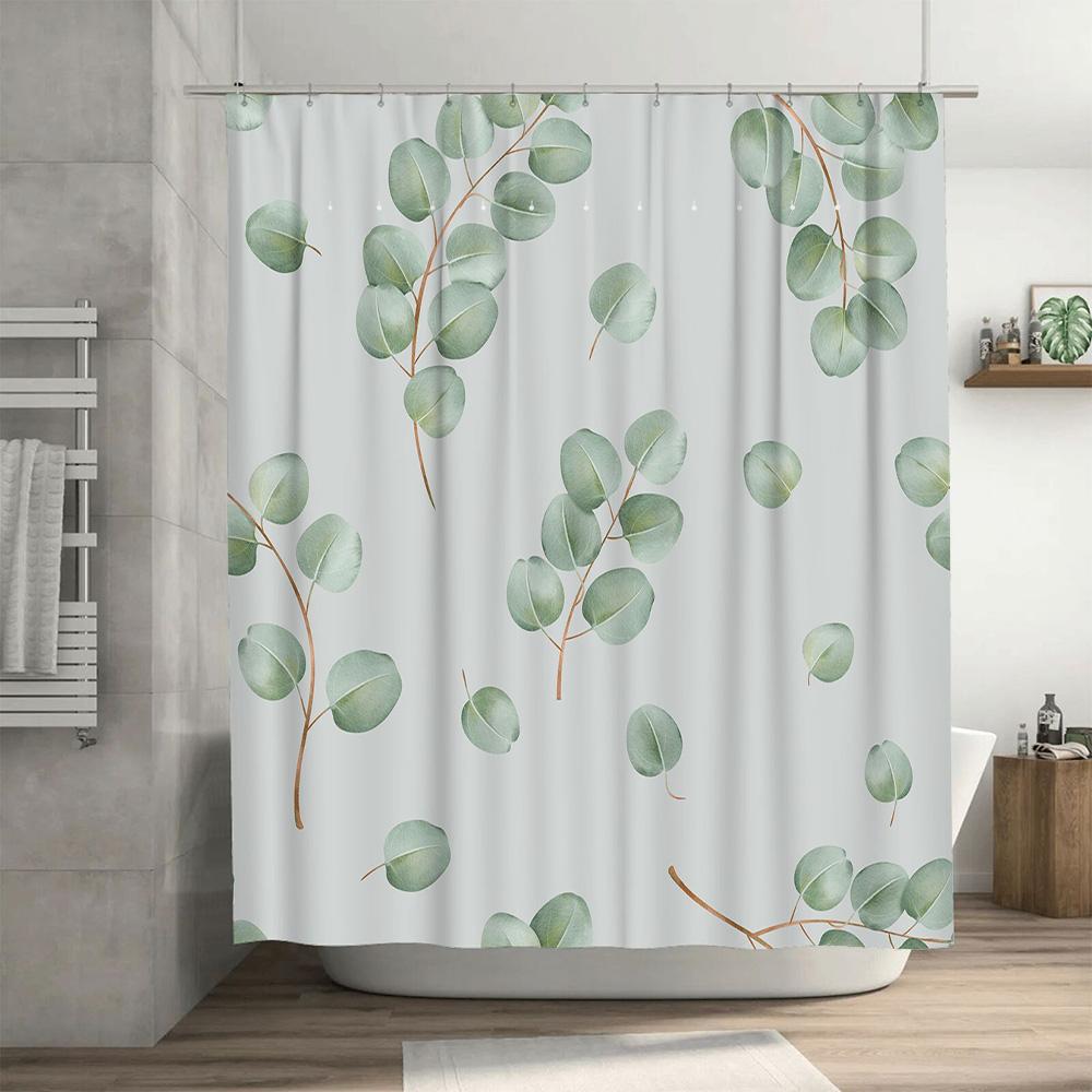 Modern Watercolor Green Leaves Shower Curtain Bathroom Decor Waterproof Liner White/Blue/Green Set (205x183cm)