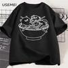 Koszulka z kotem w stylu japońskim Ramen Bawełniana z krótkim rękawem Kawaii Anime T-shirt Ramen Kotek Graficzne koszulki Urocza koszulka z jedzeniem Ubrania