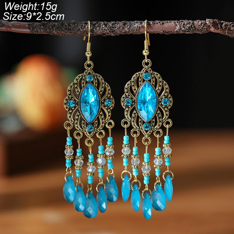 Blue Fashion Boho Temperament Water Drop Feather Earrings for Women Long Crystal Rhinestone Drop Oil Dangle Earring Jewelry