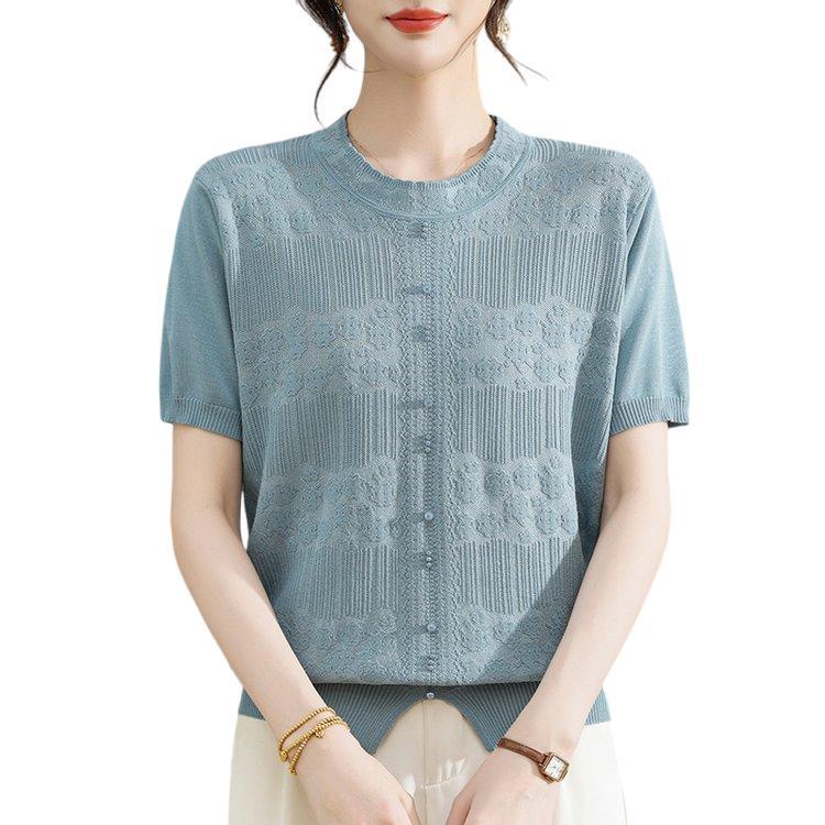 Elegant Women's Knitwear: Casual, Slimming Round Neck Short Sleeve Top for Mothers, Loose & Comfortable Fit