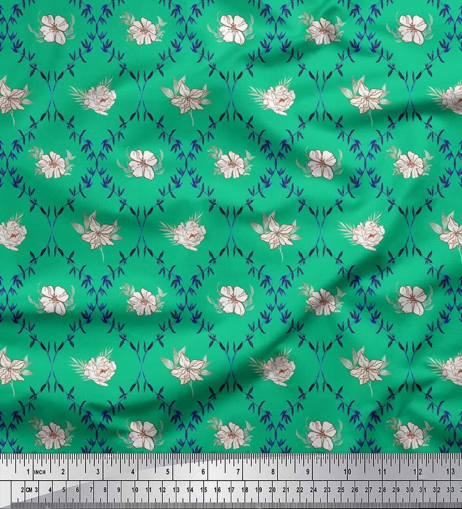 Soimoi Green Poly Crepe Fabric Azalea & Peony Damask Print Fabric by metre 42 Inch