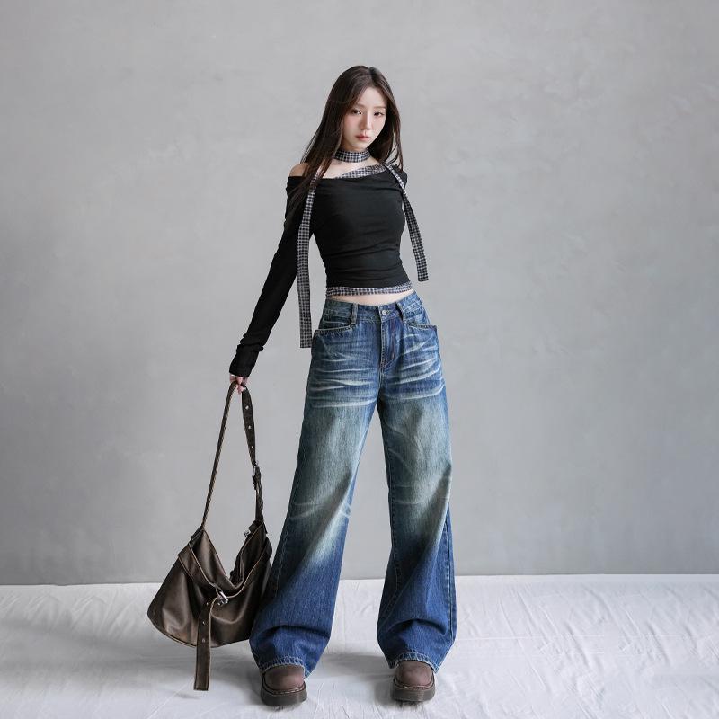 

Women s American Retro Low-Waist Wide-Leg Spicy Jeans - Washed Blue, Flattering, Loose, Floor-Length, 2025 Autumn/Winter Collection S