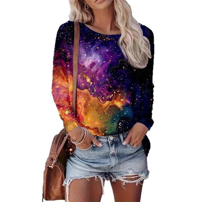 Abstract Tie-Dye 3D Digital Print Loose Fit Womens Crew Neck Long Sleeve T-Shirt Casual Comfort Top