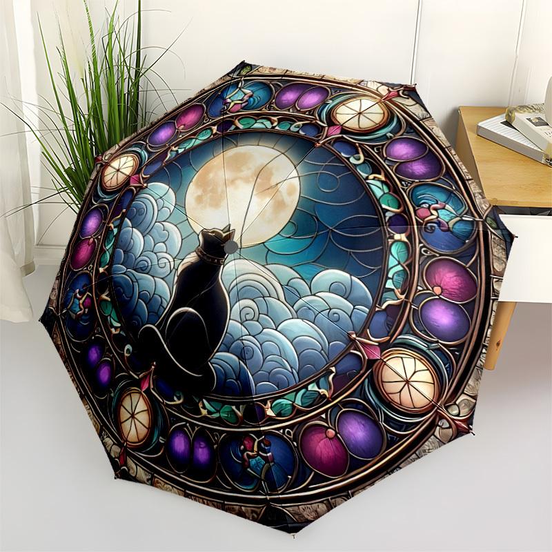 

1pc Stained Cat Moon Automatic Umbrella - Stylish, Durable, with 8-Rib Manual Open Design, Elegant Black Handleyy250920217
