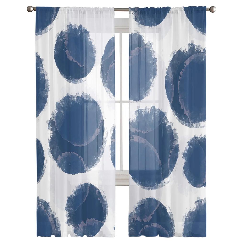 Watercolor Vintage Blue Tulle Curtains for Living Room Bedroom Sheer Curtain for Balcony Hall Fashion Printed Home Drapes
