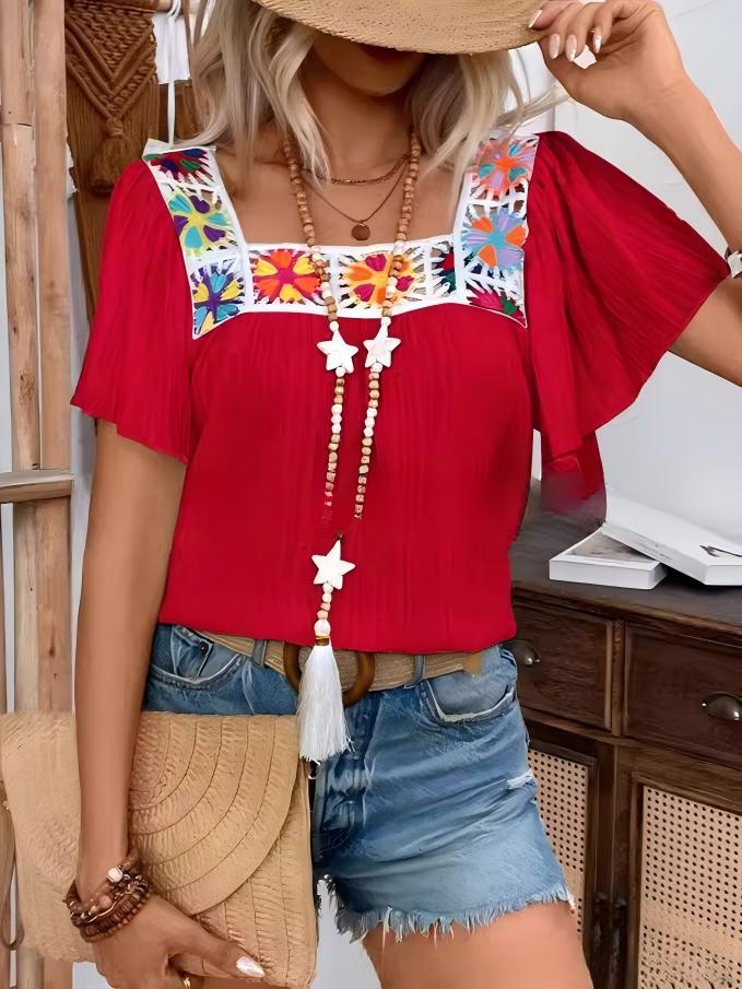 

Women s Embroidered Floral Short Sleeve Blouse with Bell Sleeves, Casual Loose Fit Top in Red, White, Pink, and Black S красный