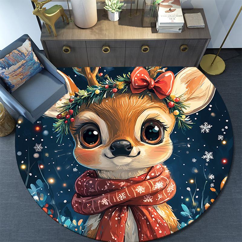 Cute Deer Round Area Rug,Carpet Rug for Living Room Bedroom Sofa Playroom Decor,Non-slip Floor Mat