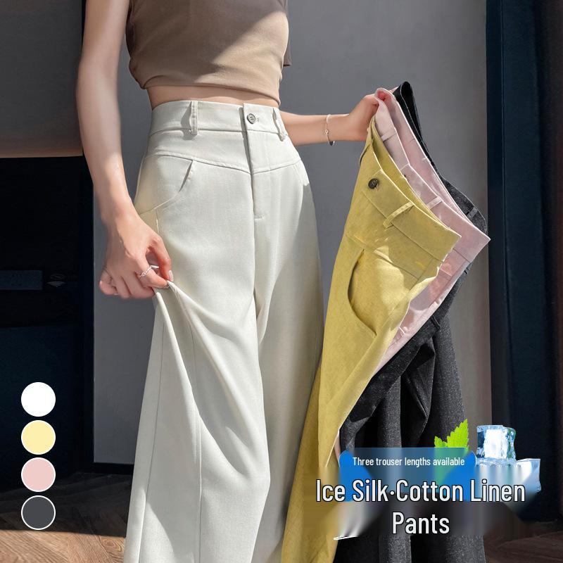 2026 Summer High Waist Ice Silk Cotton Linen Wide Leg Pants