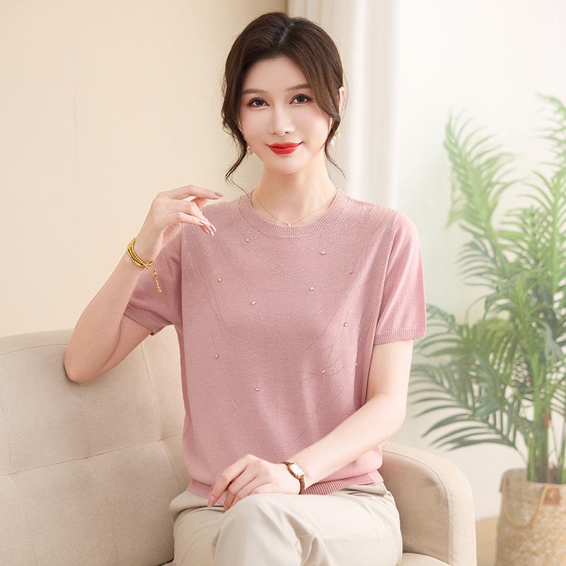 

Mom s Stylish Ice Silk Short-Sleeve T-shirt - Elegant Summer Top for Middle-Aged & Elderly Women 3XL (Recommended 60-67.5kg)