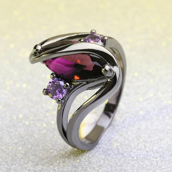 Women Romantic Faux Sapphire Horse Eye Shaped Hollow Out Ring Jewelry